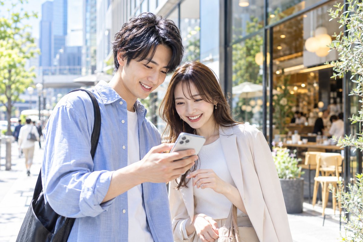 梅田の街中で、カフェの前に立ちスマートフォンを見ながらお店を選ぶカップル