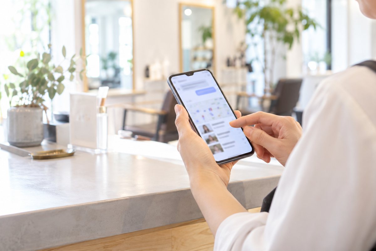 美容室の受付で、スタッフがスマートフォンのAIチャットにお店探しの質問をしている様子