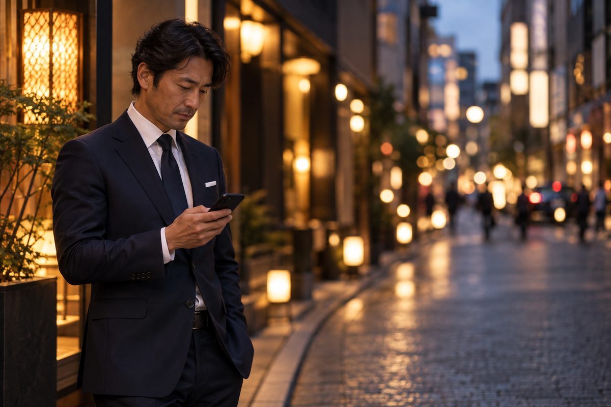 夜の北新地の通りでスマートフォンを見ながらお店を探すスーツ姿の男性