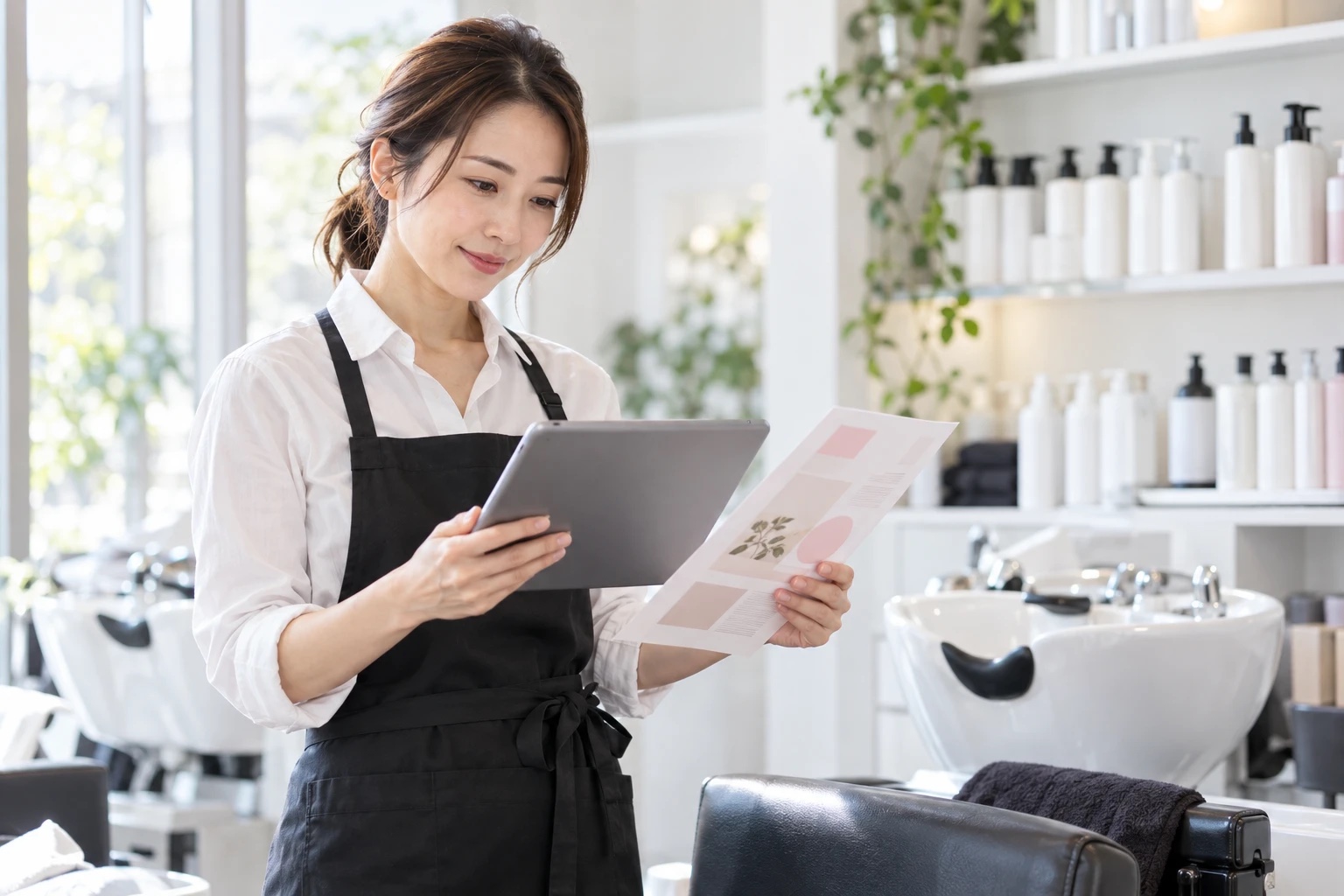 美容室のスタッフが、タブレットでサロンのホームページのメニューと説明文を見直している様子