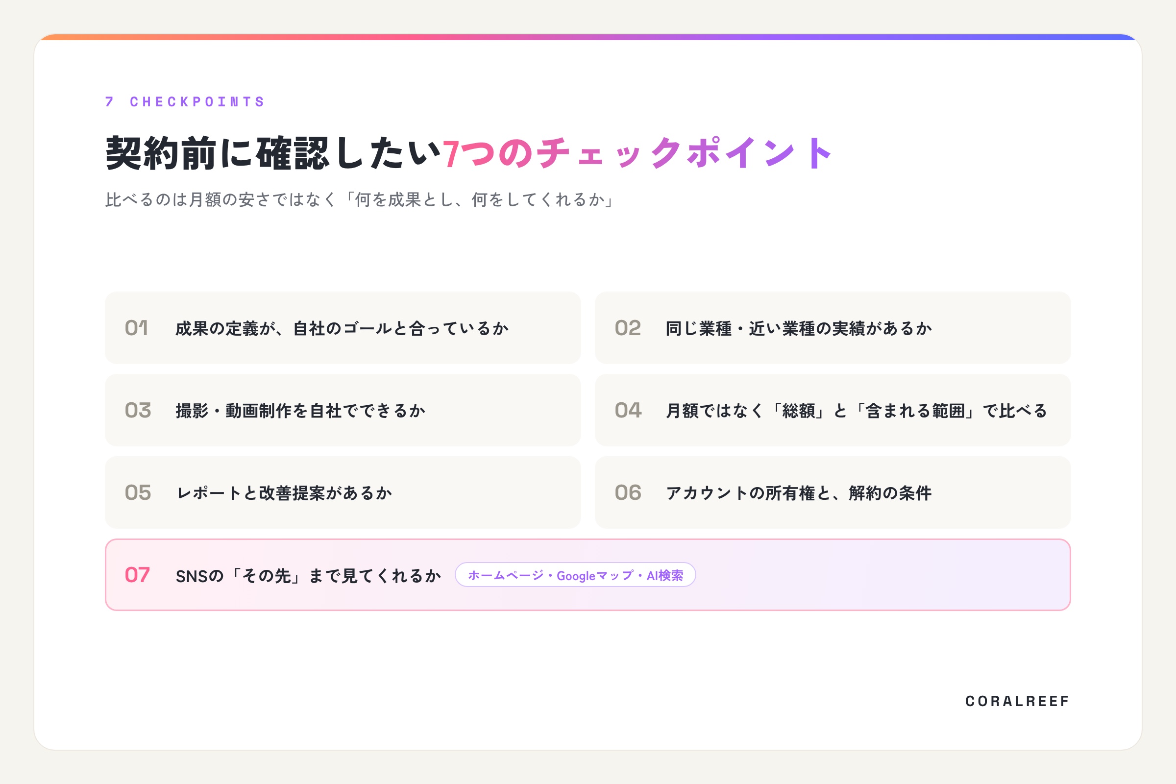 SNS運用代行の契約前に確認したい7つのチェックポイント。7つ目はホームページ・Googleマップ・AI検索まで見てくれるか