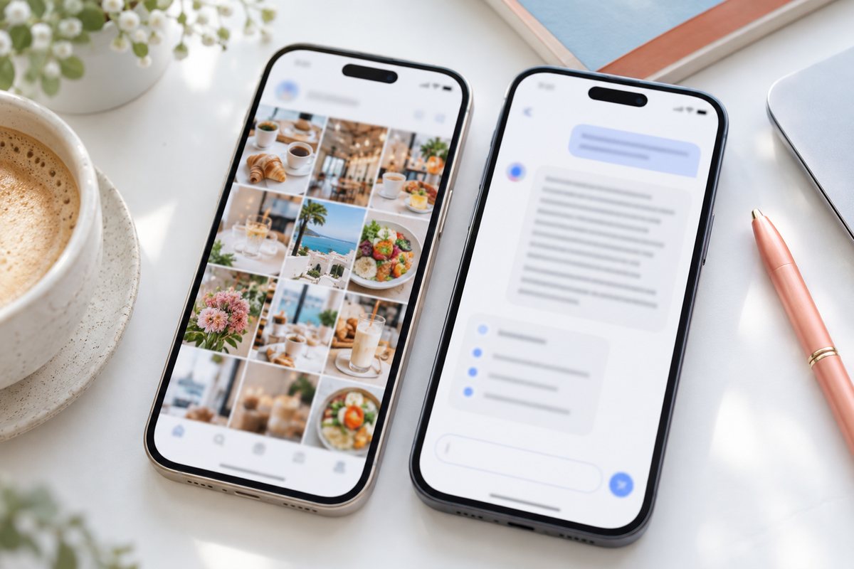白いデスクの上に、SNSの投稿一覧を表示したスマートフォンと、AIの回答を表示したスマートフォンが並んでいる