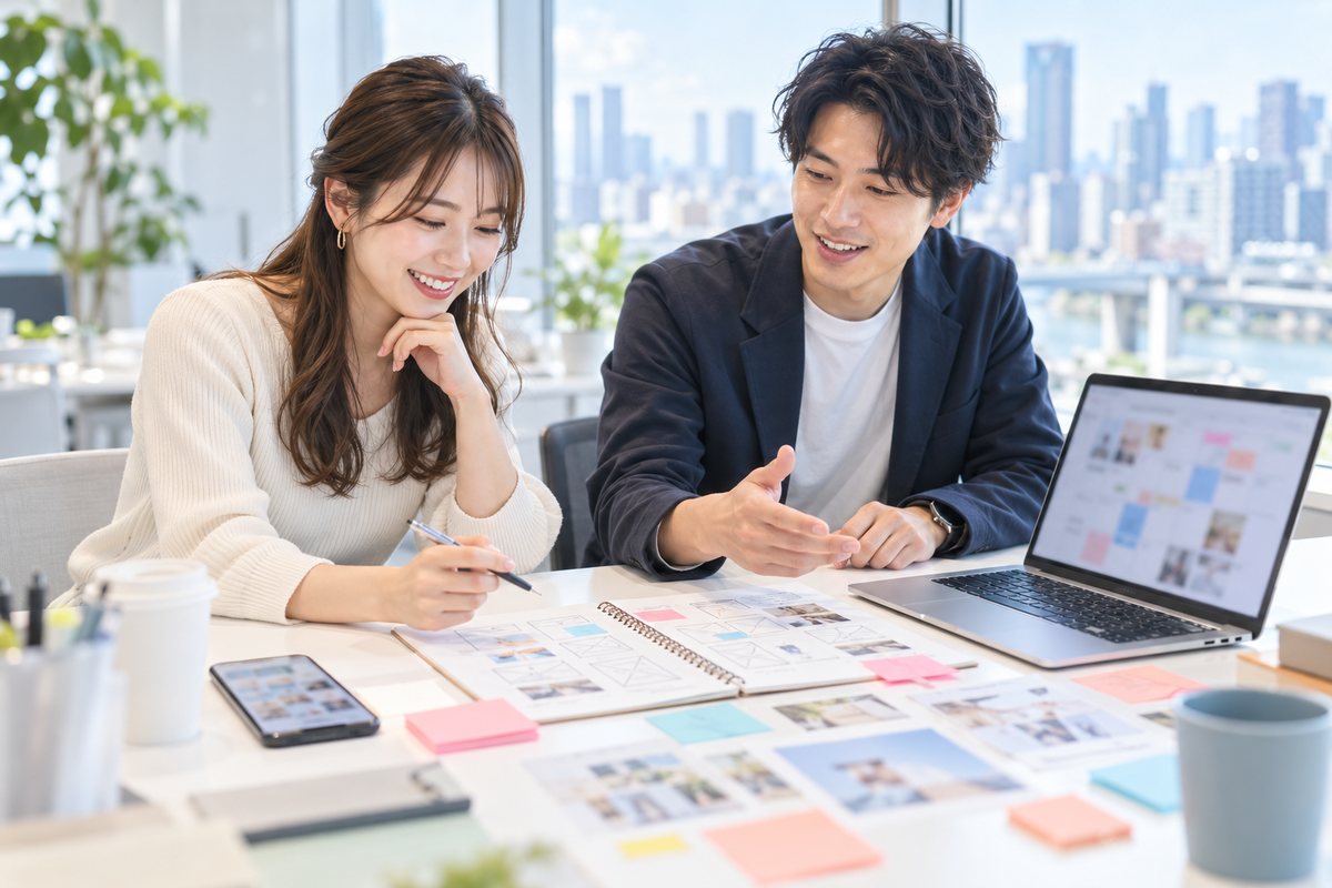 明るいオフィスで、2人のスタッフがノートやパソコン、付箋を使ってSNS投稿の企画を練っている