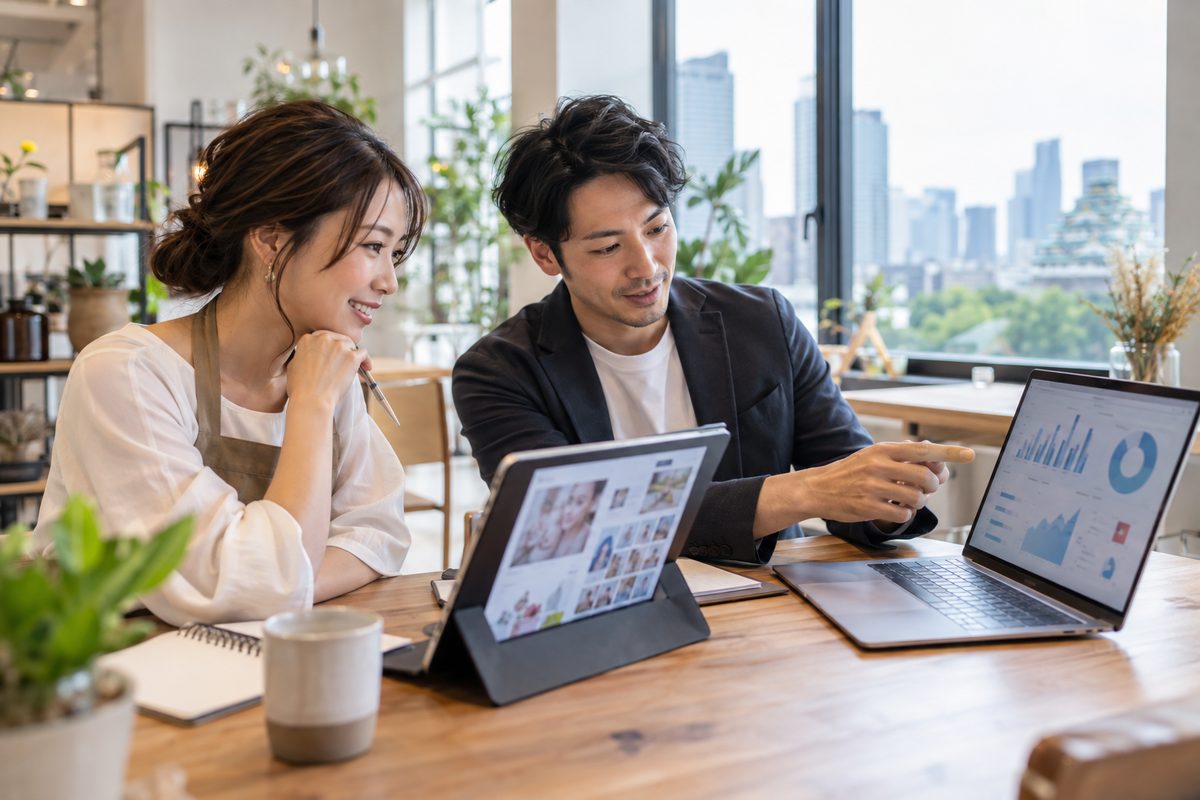 大阪のオフィスで、飲食店のオーナーとSNS運用の担当者がタブレットとノートパソコンを見ながら打ち合わせをしている様子